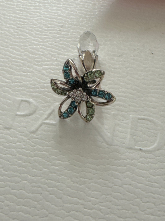 Genuine Chamilia Green & Blue Pave Flower Dangle Charm With Glass Droplet