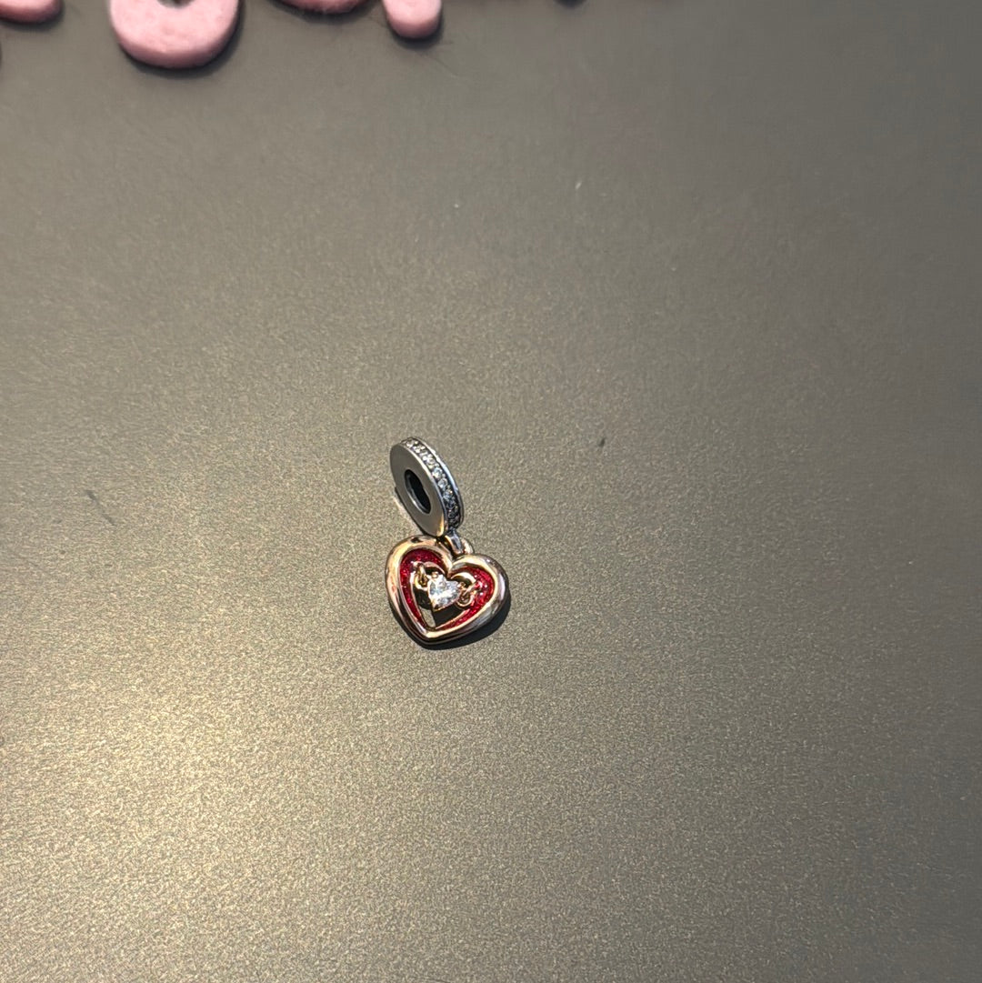 Genuine Pandora Rose Gold and Red Enamel "All for Love" Heart Dangle Charm