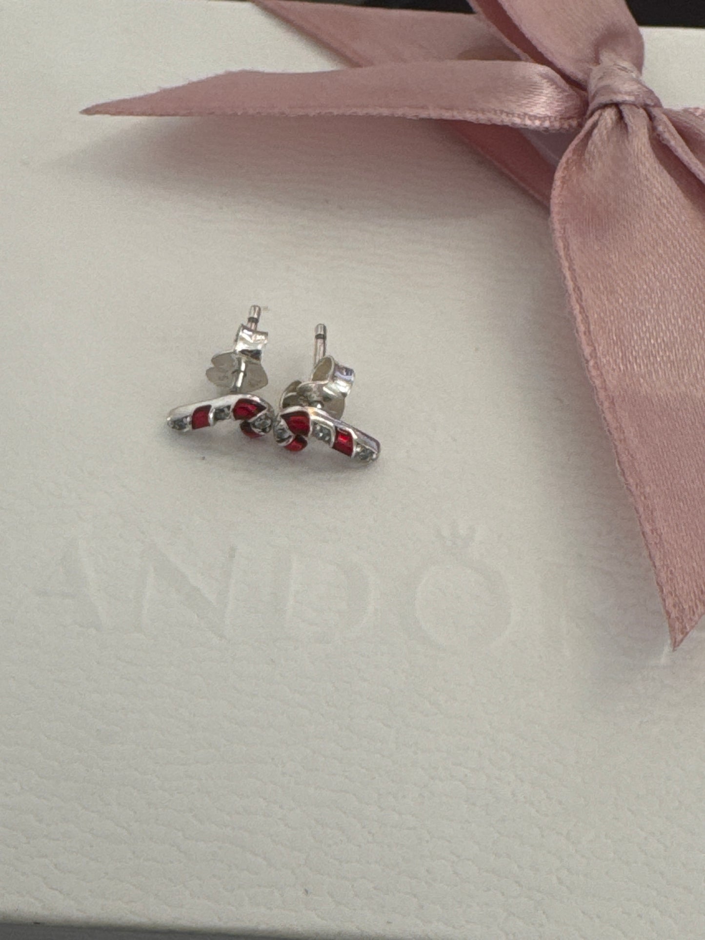 Genuine Pandora Christmas Enamel Candy Cane Stud Earrings