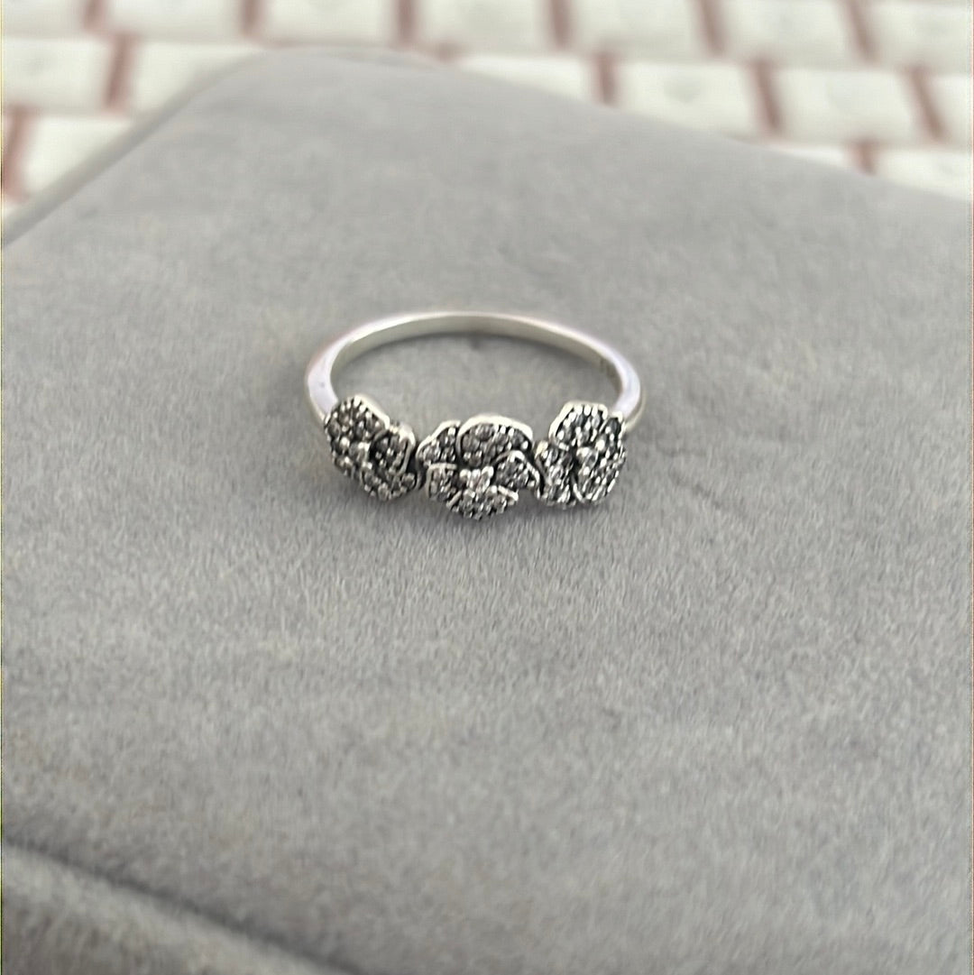 Genuine Pandora Pave Trio of Pansy Flowers Ring Size 60