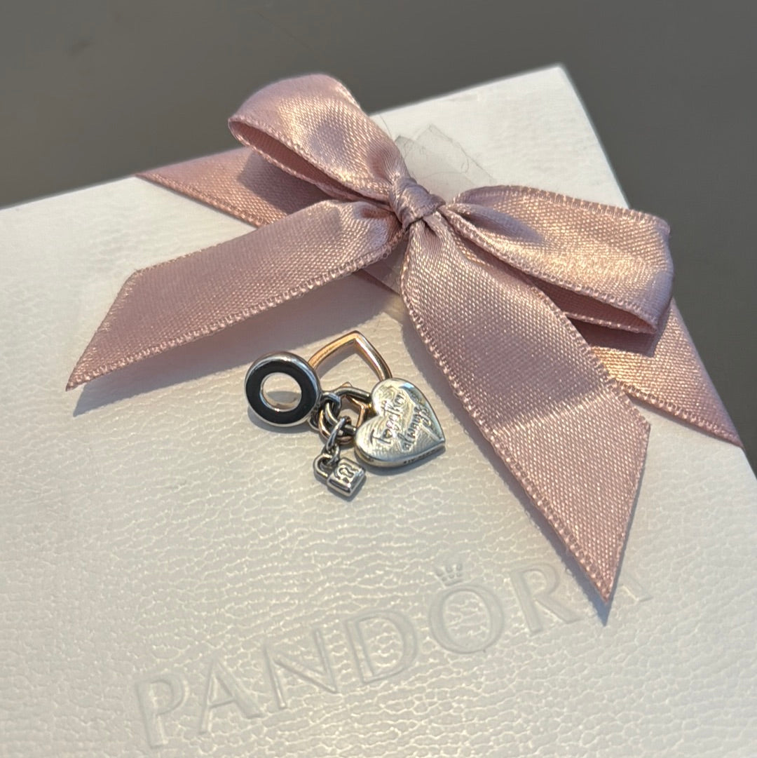Genuine Pandora Rose Gold Double Pave Heart "Always Together" Dangle Charm