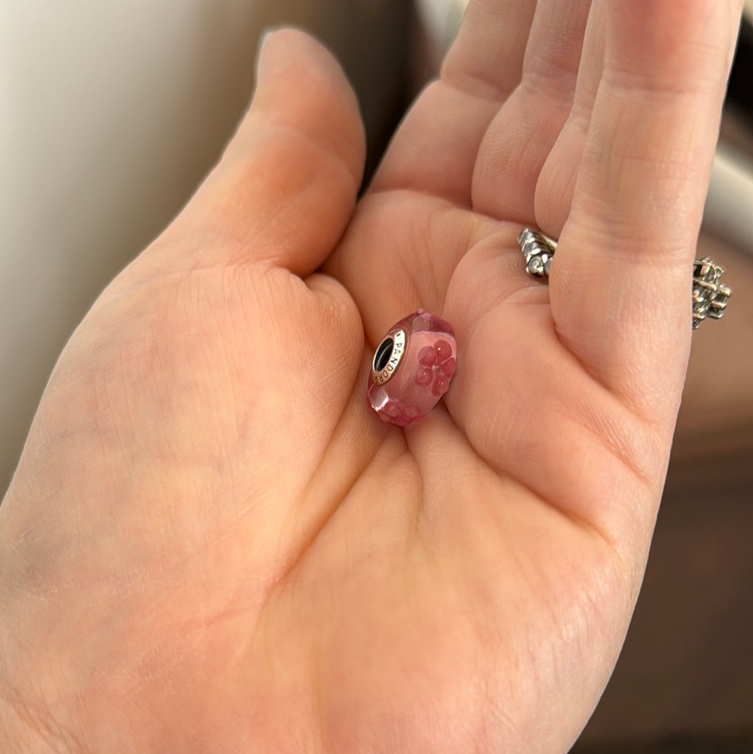 Genuine Pandora Pink Sparkly Raised Flower Murano Charm