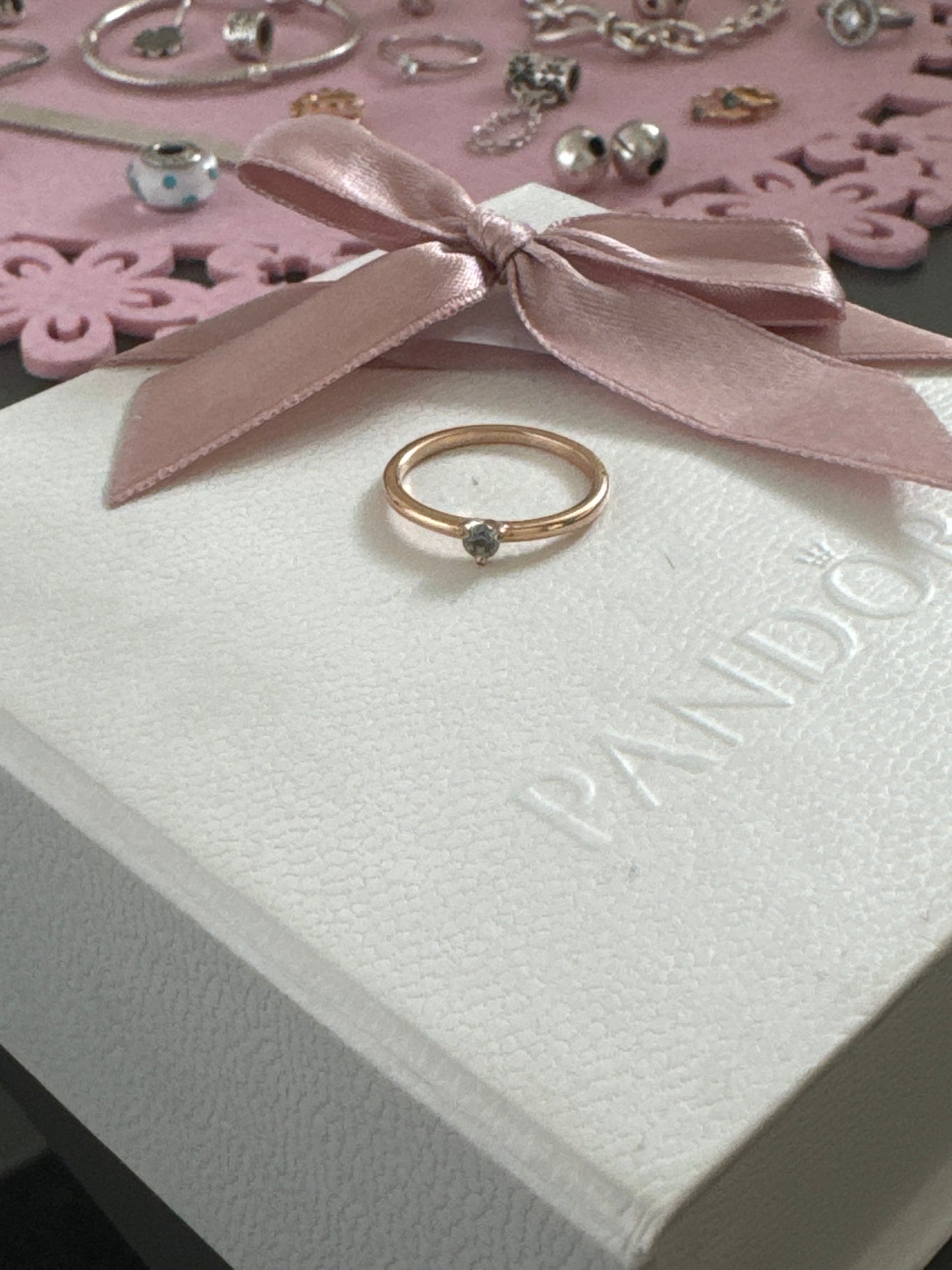 Genuine Pandora Rose Gold Pave Blue Stone 54 Solitaire Ring