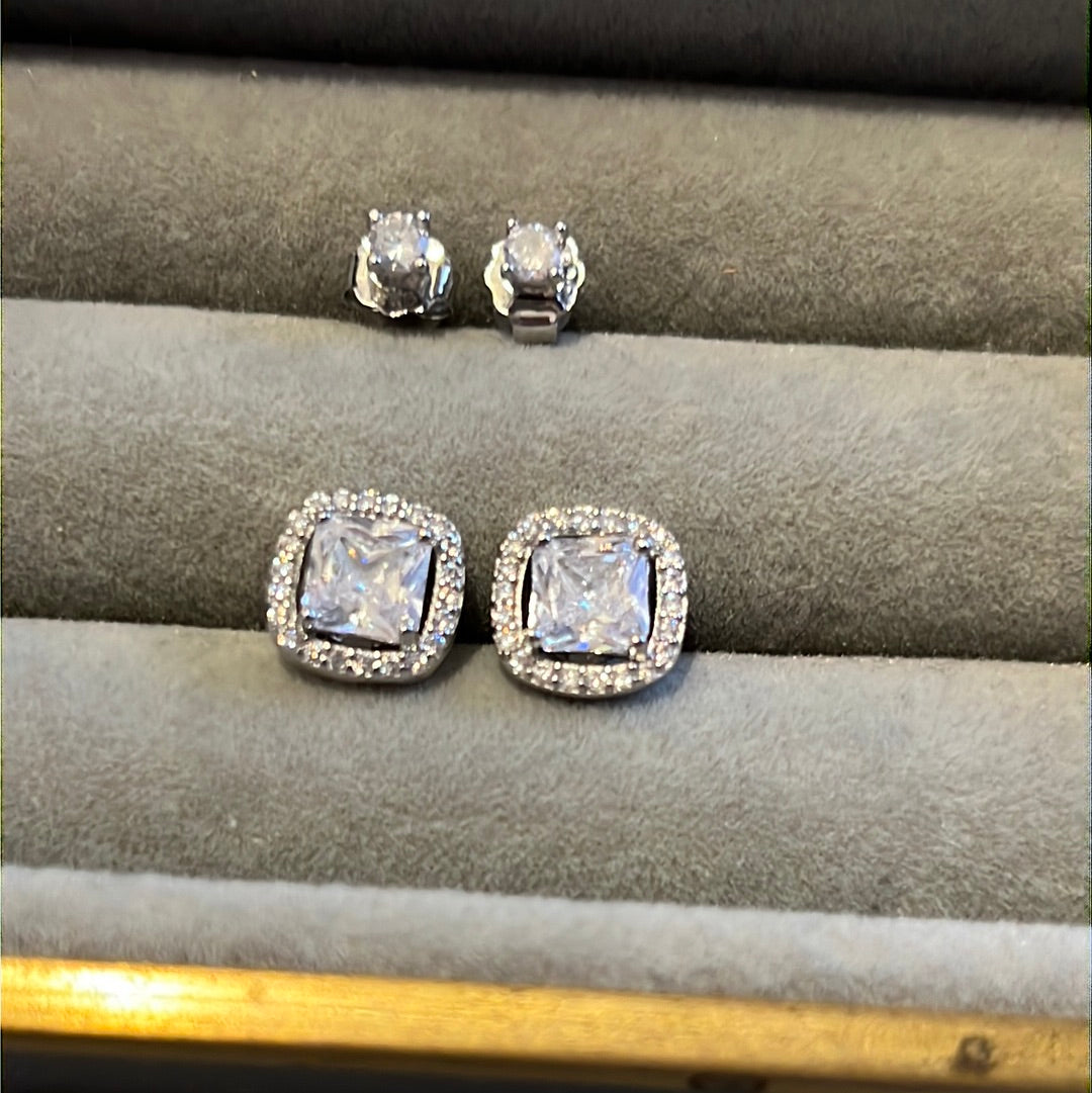 Brand New Sterling Silver Pave Clear Earrings Set CZ Studs