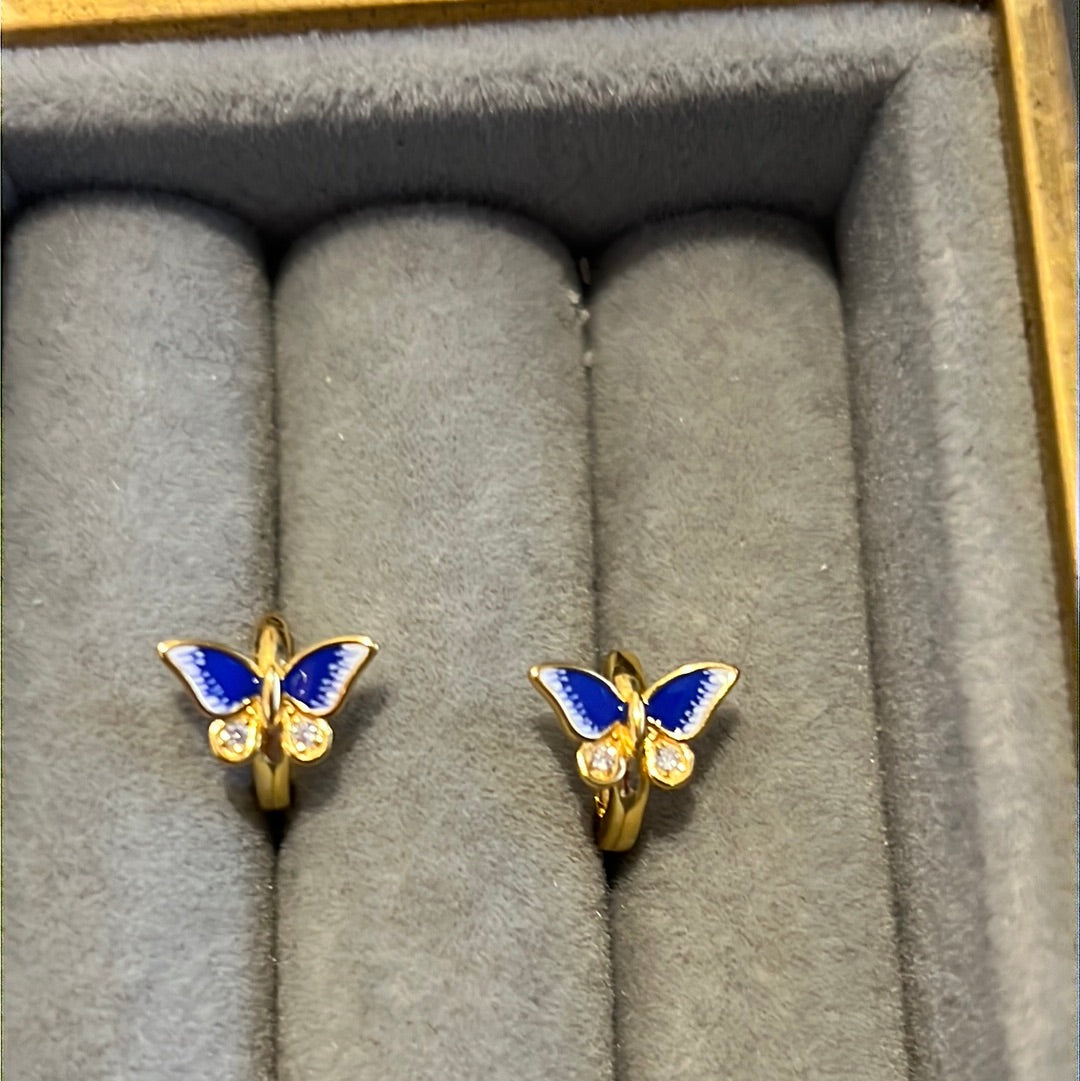 Brand New Gold Plated Small Hoop Earrings With Blue Pave Enamel Butterflies