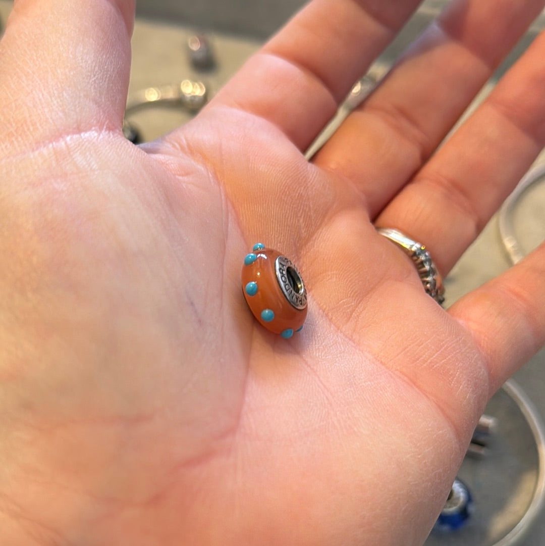 Genuine Pandora Orange Seeing Spots Murano Charm with Baby Blue Spots