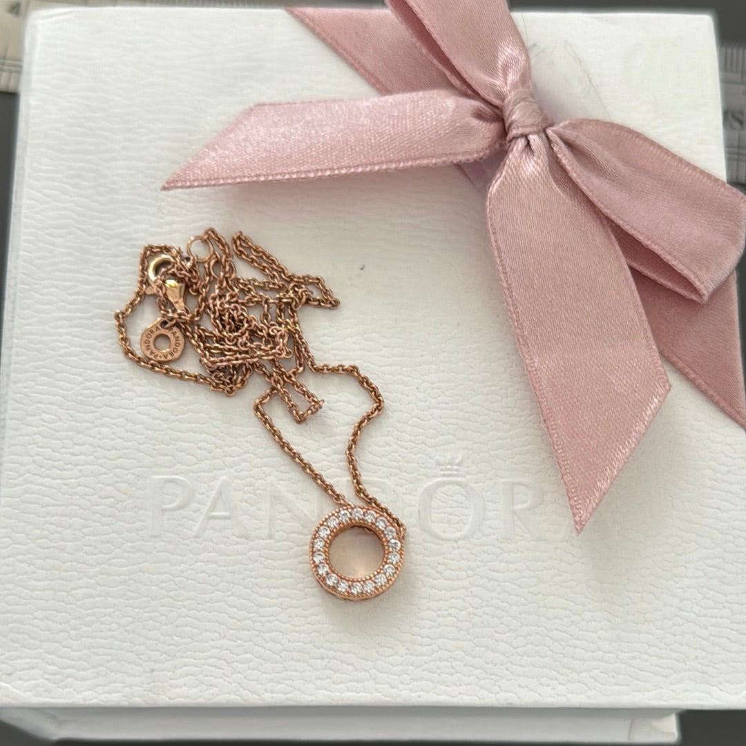 Genuine Pandora Rose Gold Pave CZ Small Circle Necklace 45cm Chain