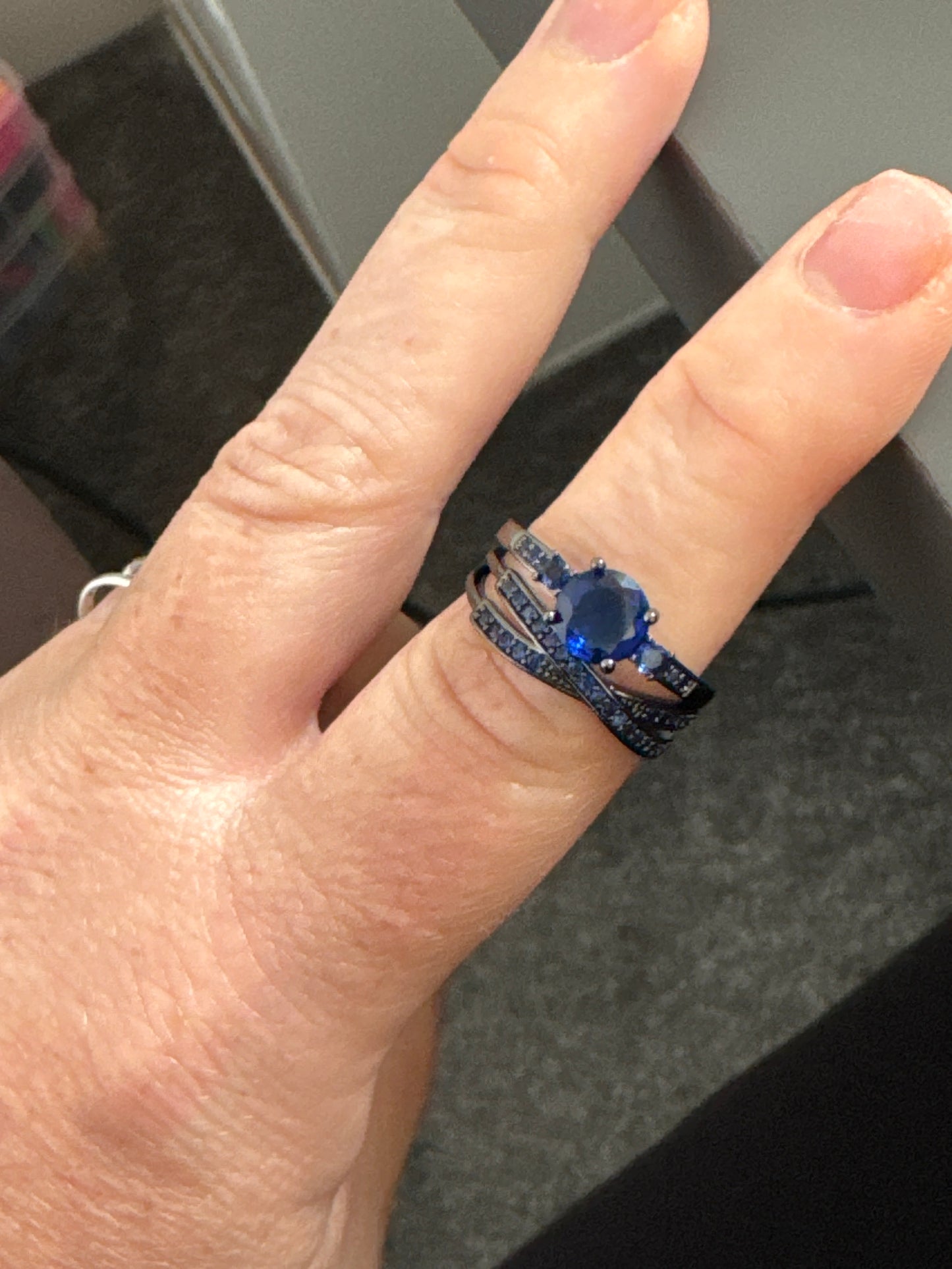 Sterling Silver Oxidised Black - Blue Stone Pave CZ Ring Set Size  54-56