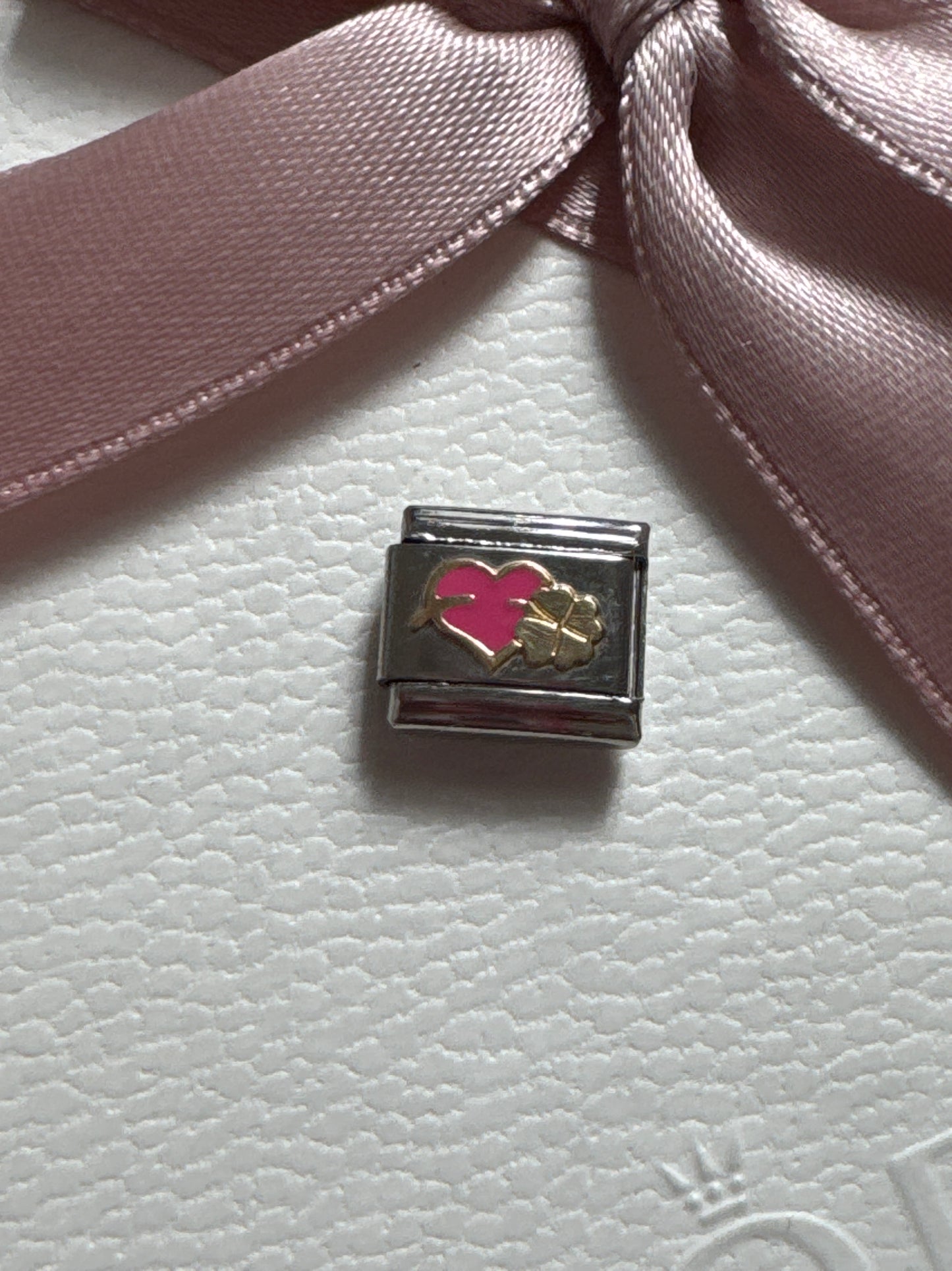 Genuine Nomination Silver Link Charm Enamel Pink Clover Heart