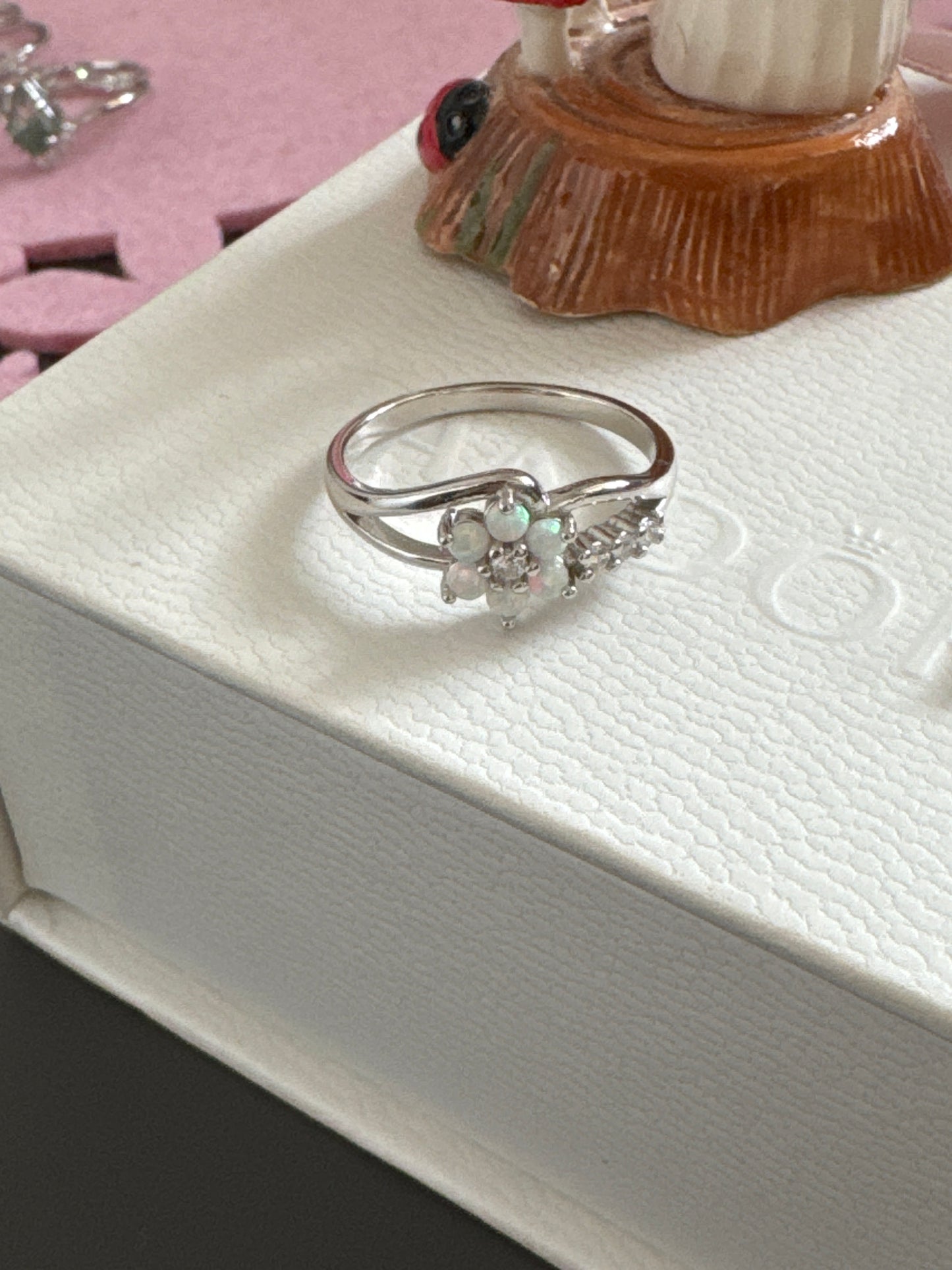 Sterling Silver Pave Opal Flower CZ Ring Size 58