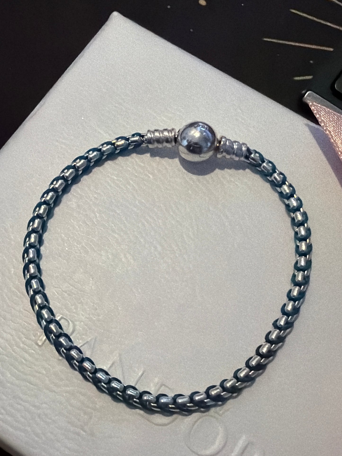 Genuine Pandora Moments Bracelet Teal turquoise Rope and Silver Braided 18cm Smooth