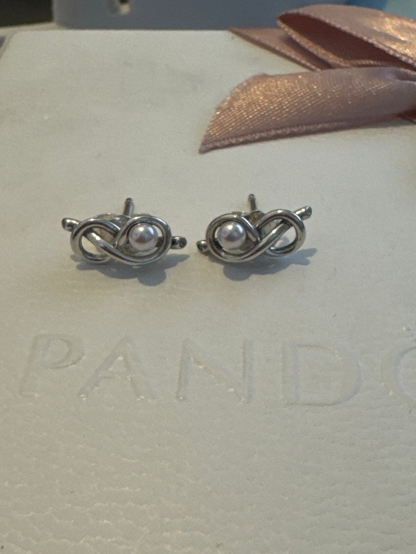 Genuine Pandora infinity Pearl Knot Earrings Studs
