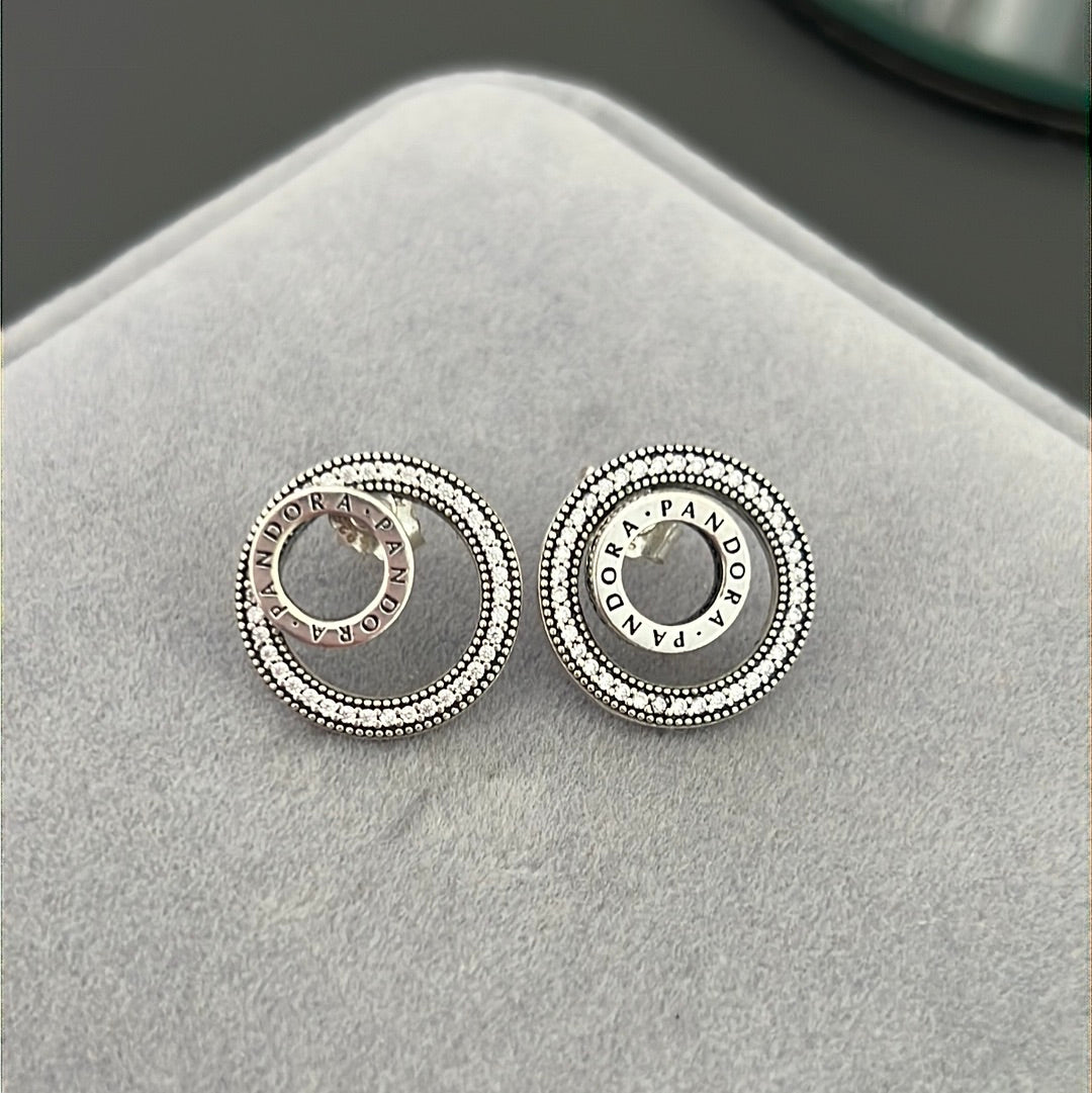 Genuine Pandora Pave Logo Circle Earrings Studs Large