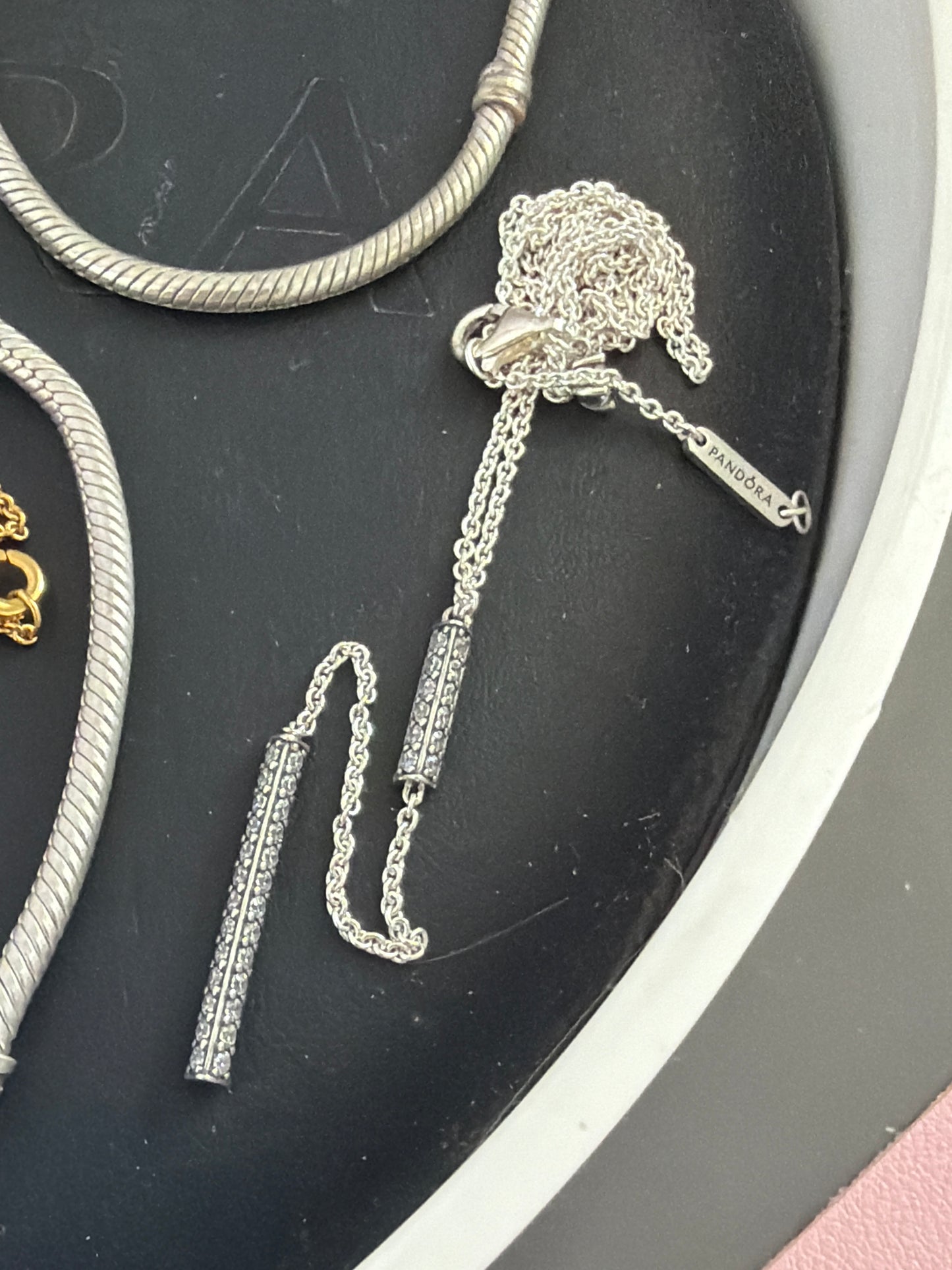 Genuine Pandora Pave Prism Timeless Sparkling Bar Teardrop Necklace Chain