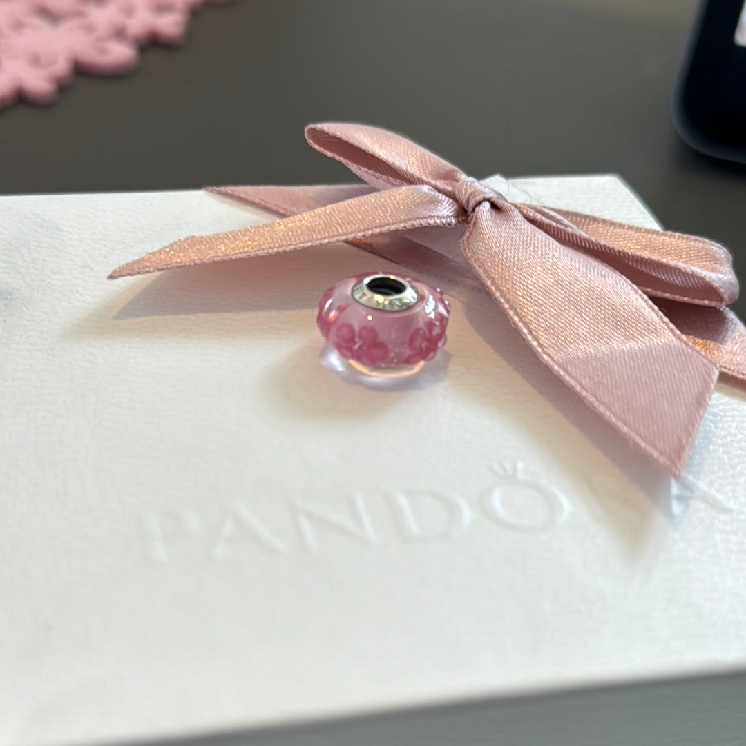 Genuine Pandora Pink Sparkly Raised Flower Murano Charm