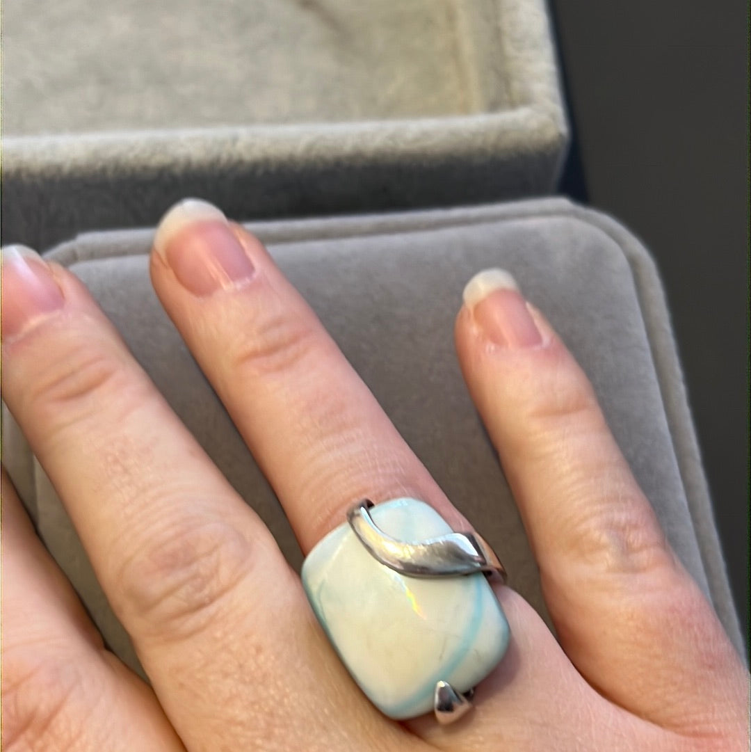 Sterling Silver White and Blue Large Oval Statement Ring 54