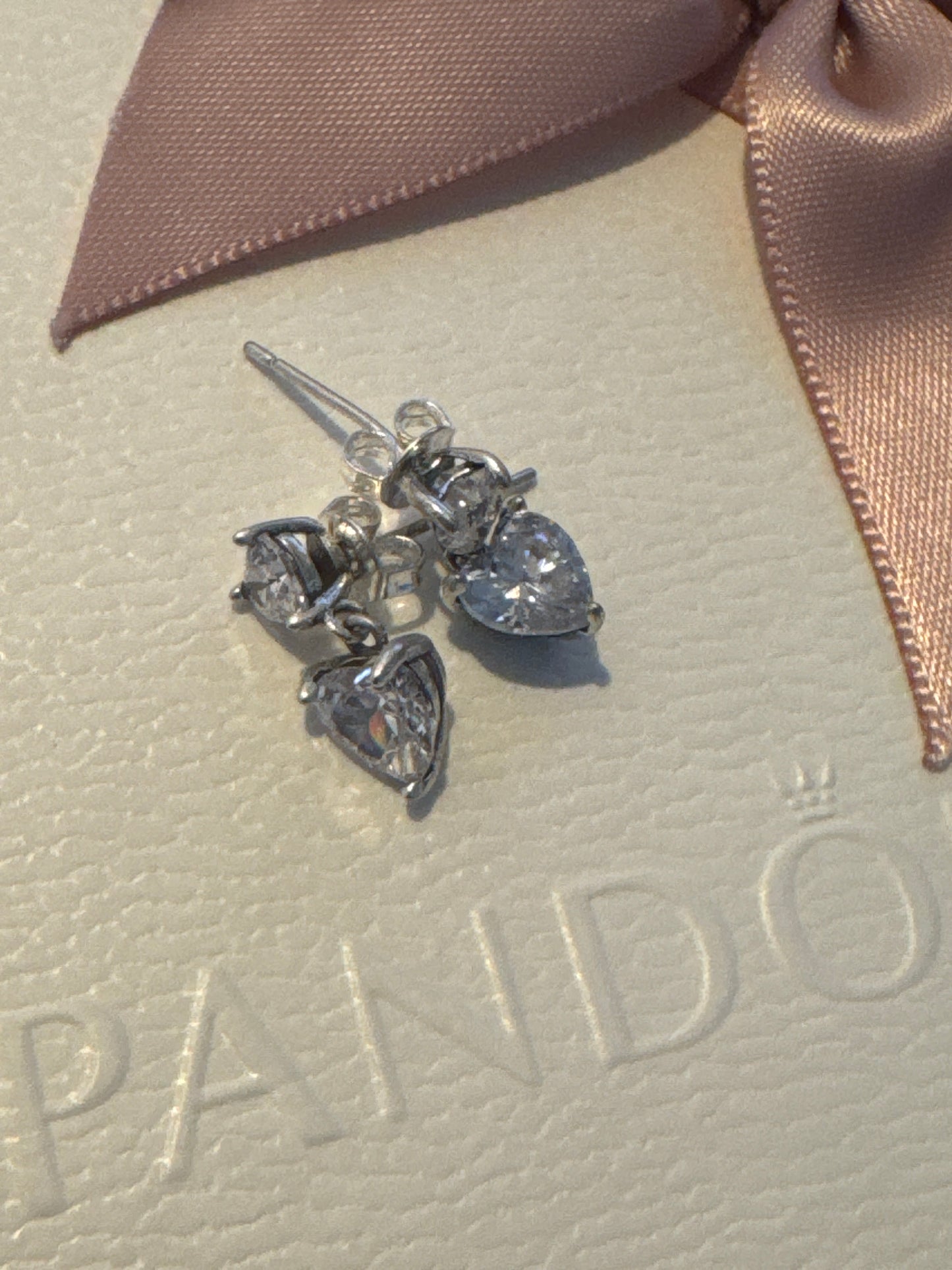 Genuine Pandora Cz Clear Double Heart Dangle Earrings