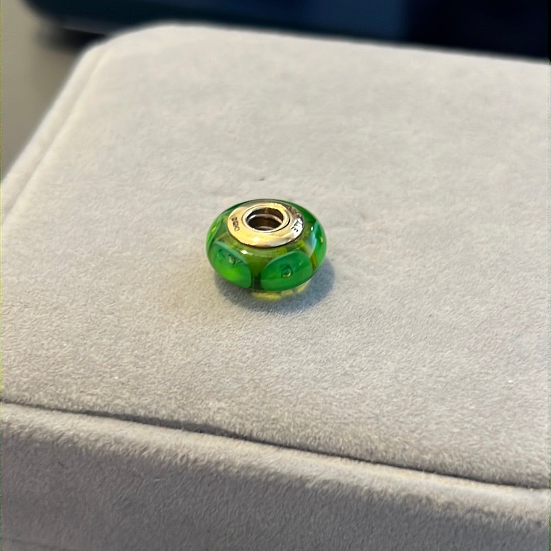 Genuine Pandora Solid 14ct Green Dotted Gold Glass Mystic Murano Charm HTF