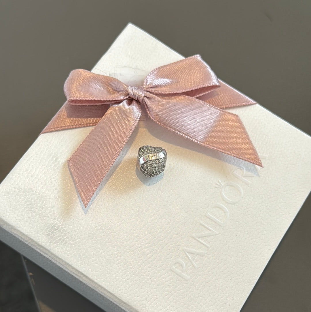 Sterling Silver Clear Pave Heart April Birthstone Charm