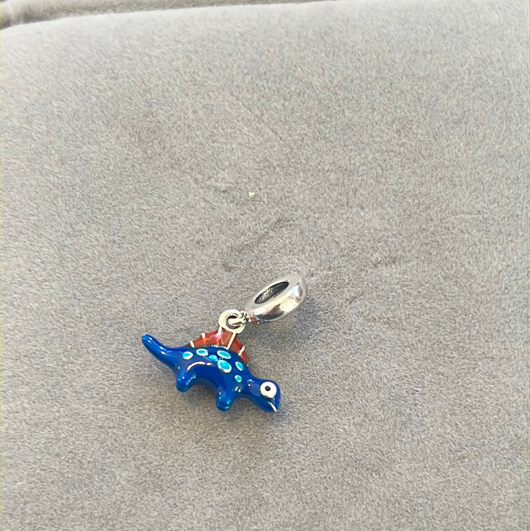 Sterling Silver Enamel Dark Blue Dinosaur Dangle Charm