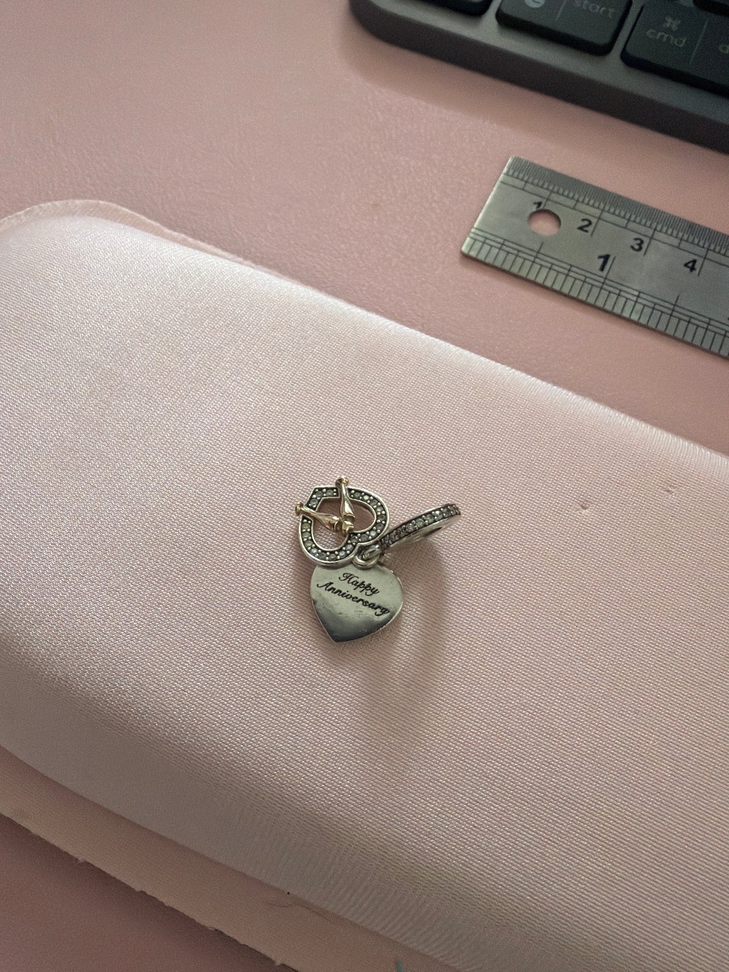Genuine Pandora Two Tone Silver Heart Happy Anniversary Dangle Charm Gift