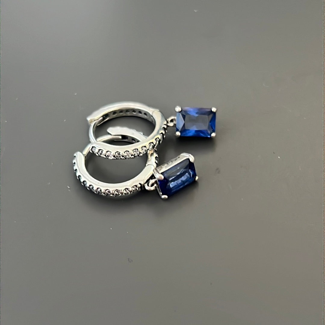 Genuine Pandora Beautiful Blue Rectangle Pave Dangle Hoop Earrings