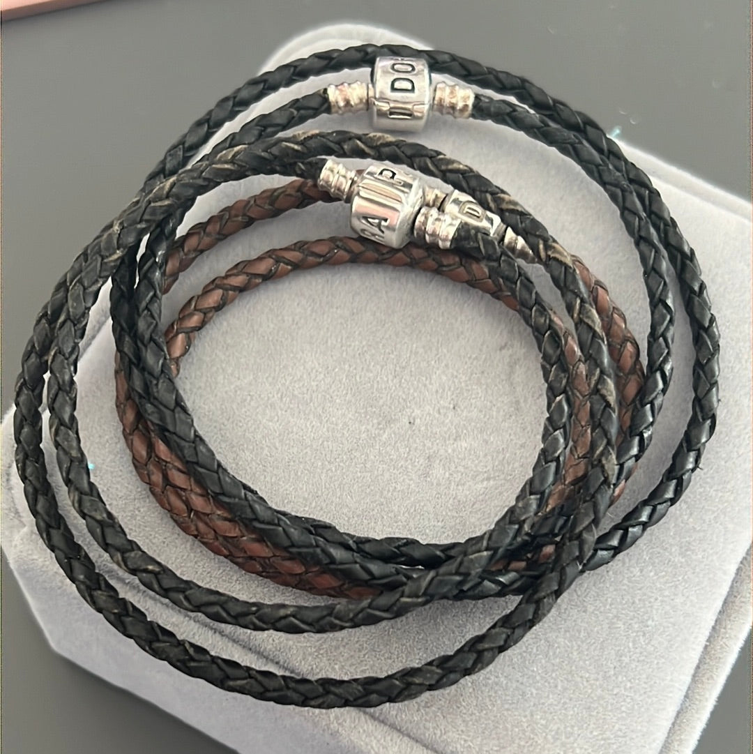 Bundle of 3 Leather Bracelets Tan Brown and Black