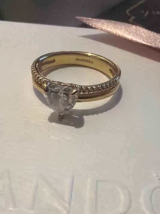 Genuine Pandora Shine Gold Double Band Pave Heart Ring 60