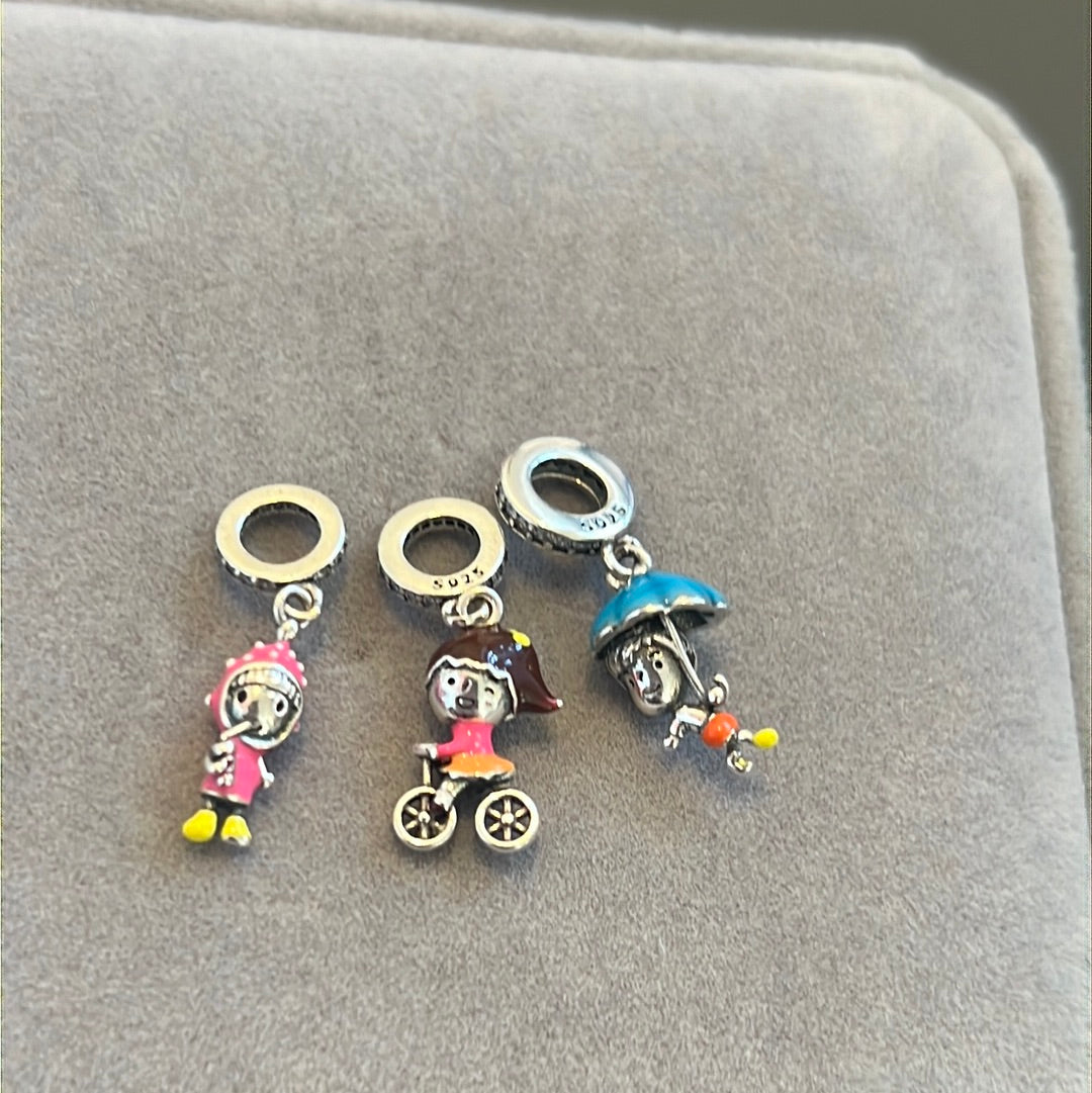 Sterling Silver Enamel Dangle Kid Charms Girl and Boy Charms x3