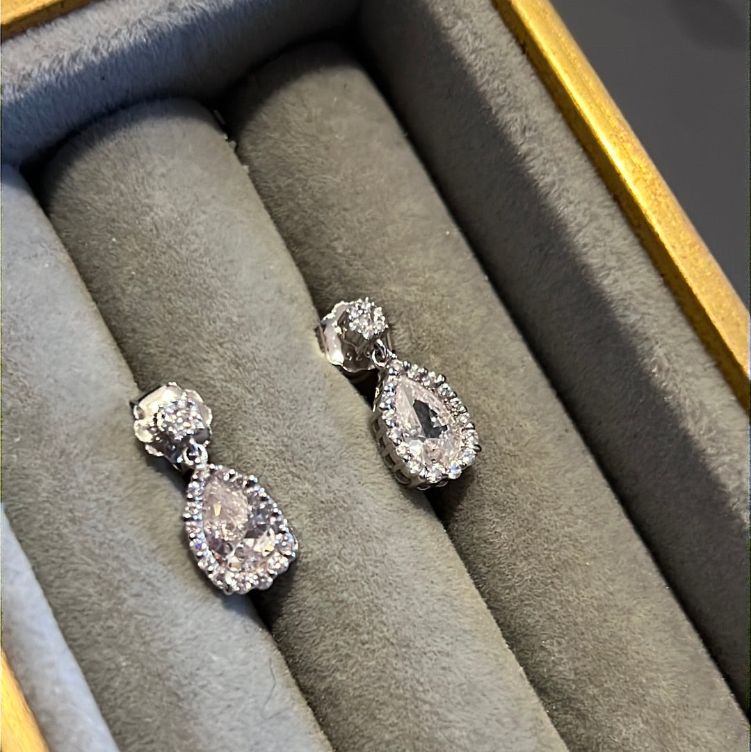 Brand New Sterling Silver Pave Clear Teardrop Dangle Earrings