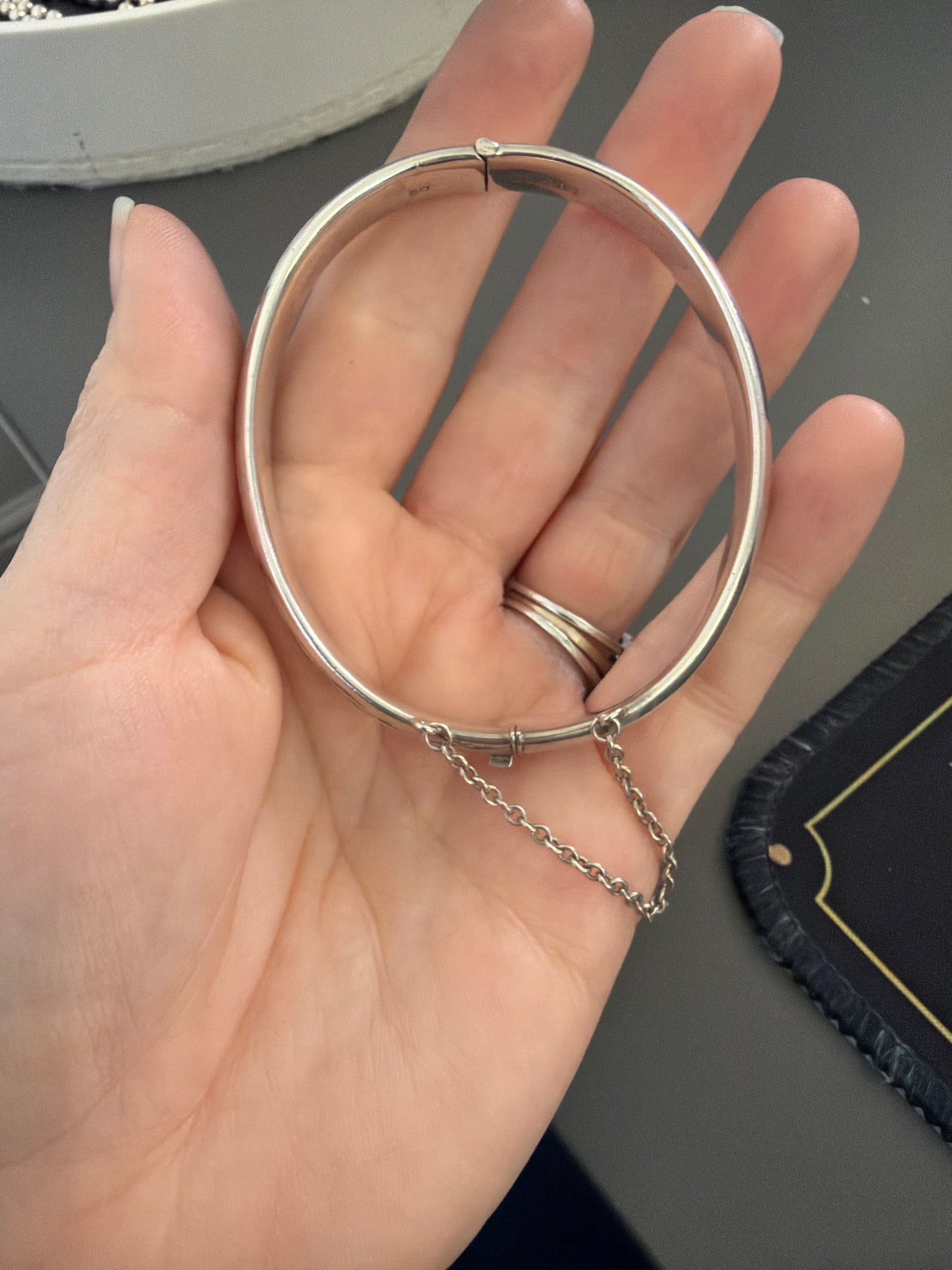 Sterling Silver Antique Hinged Floral Bracelet Bangle With Safety Chain