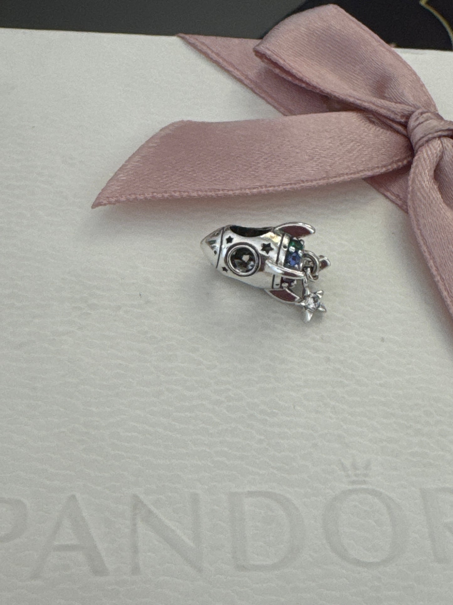 Genuine Pandora Pave CZ Space Rocket Charm Dangle 'Love You To The Moon & Back'