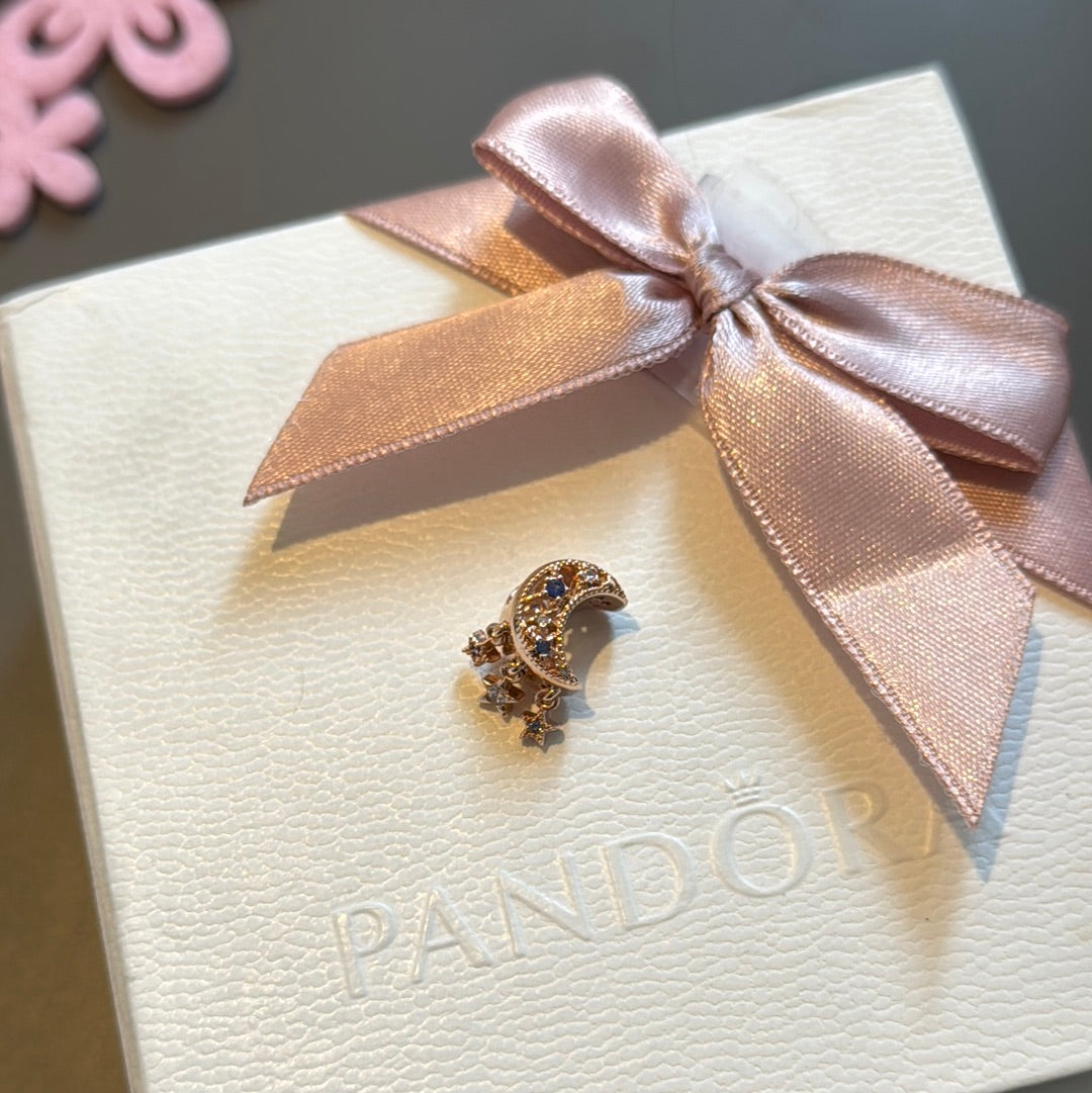 Genuine Pandora Rose Gold New Stars and Moon Dangle Openwork