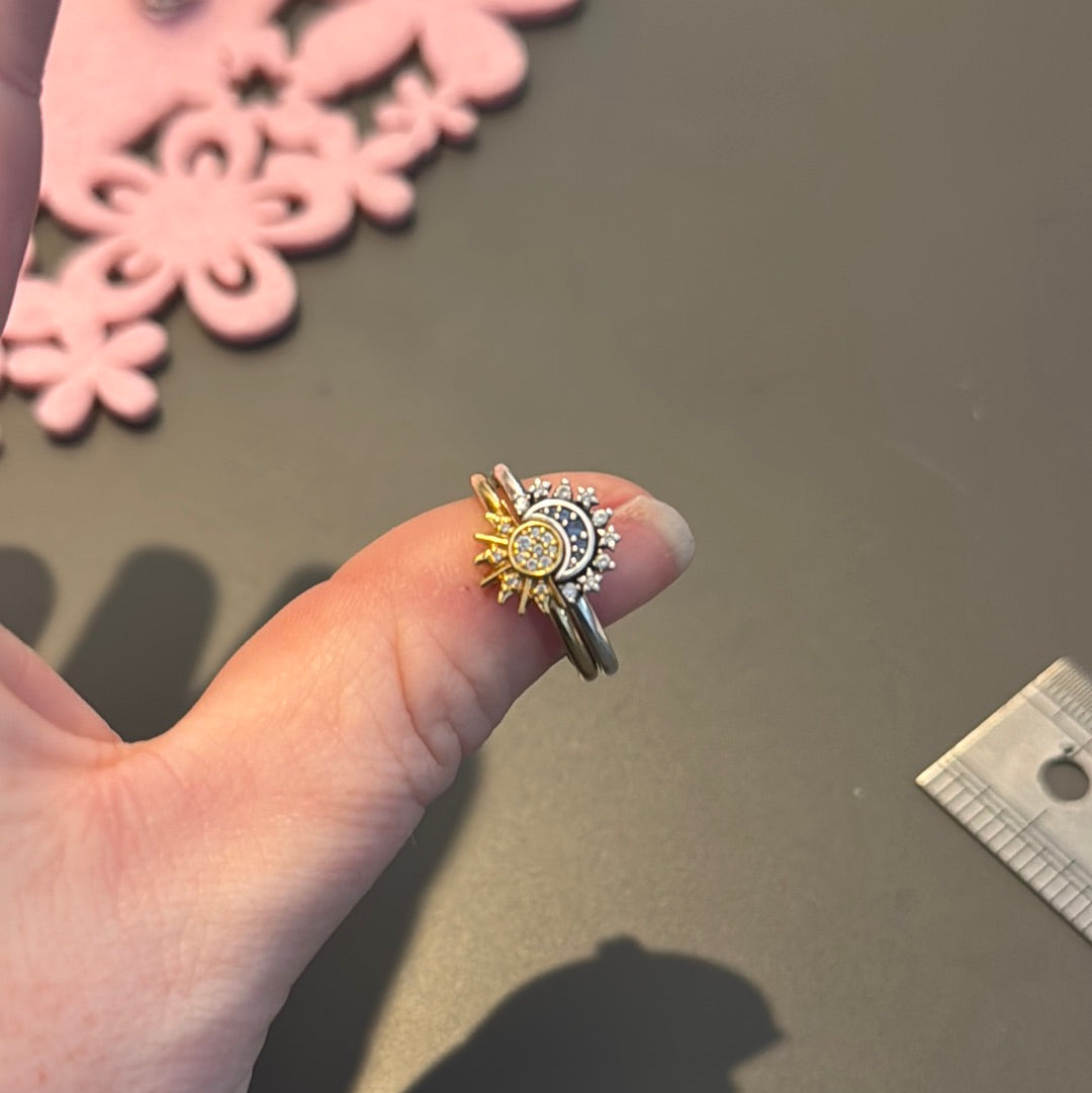 Genuine Pandora Pave Moon Ring & Shine Gold Sun Ring 54