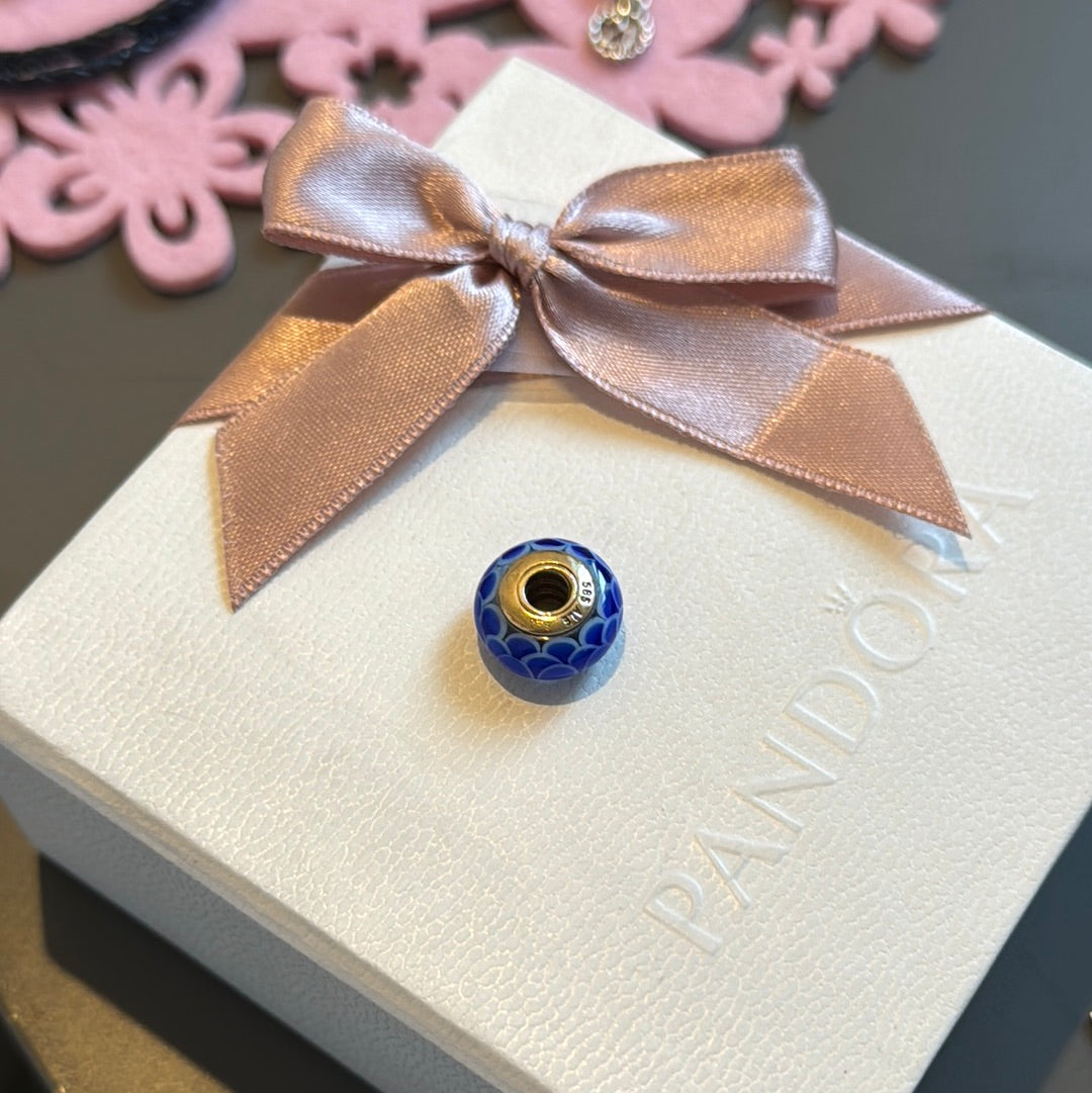Genuine Pandora Solid 14ct Gold Blue Lotus Murano Charm HTF