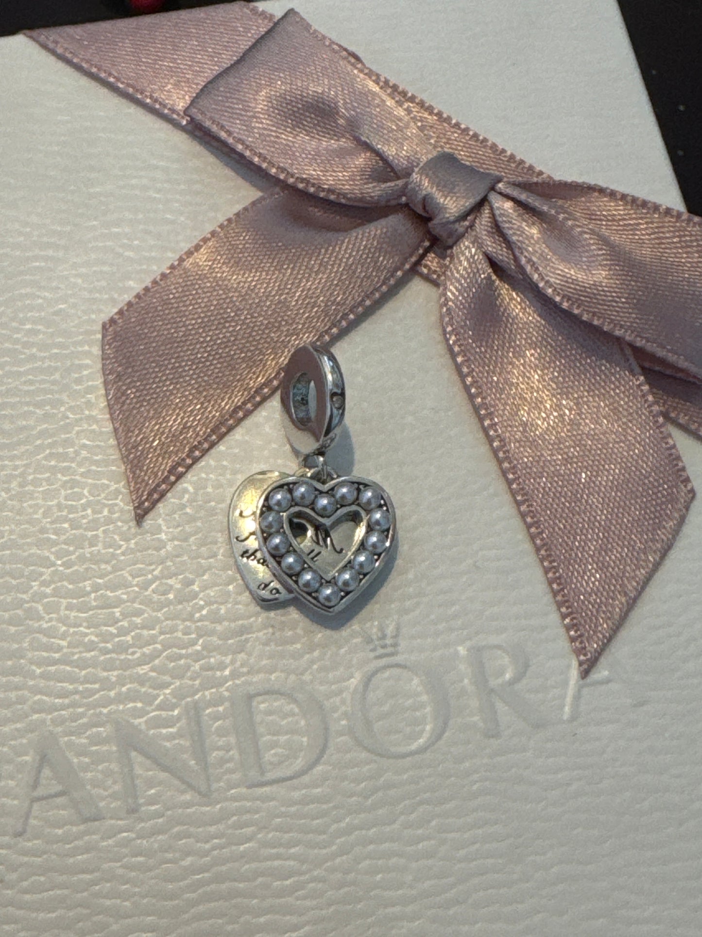 Genuine Pandora Pearlescent White Heart Mum Double Dangle Charm