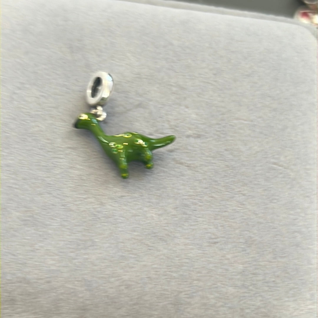 Sterling Silver Enamel Dark Green Dinosaur Diplodocus Dangle Charm
