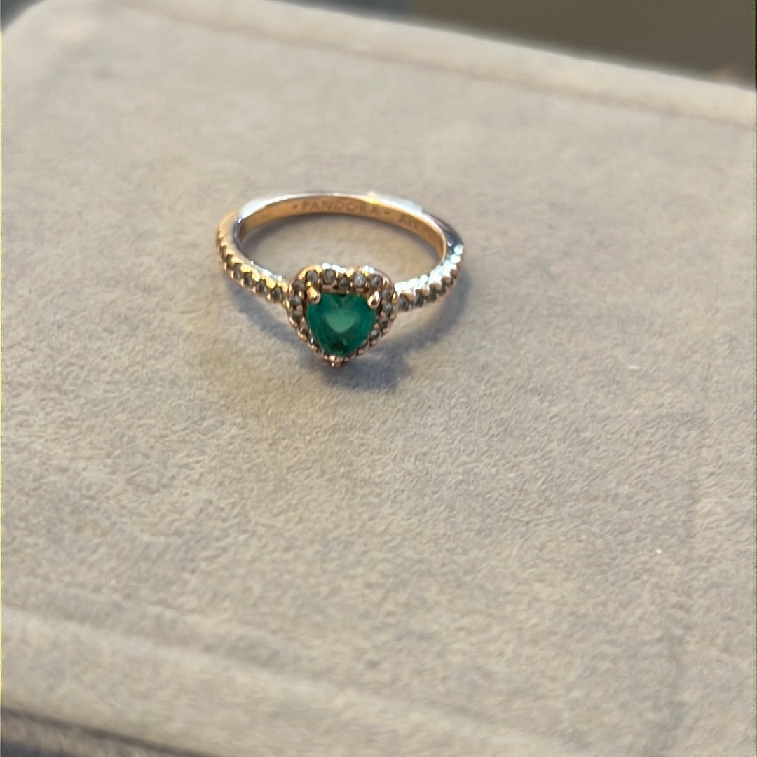 Genuine Pandora Rose Gold Pave Green Stone Heart Ring Beautiful