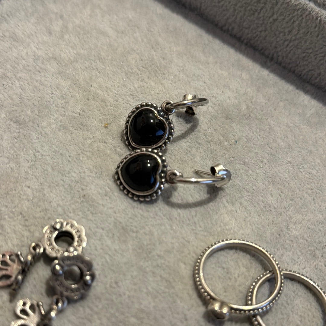 Genuine Pandora Very Rare and Special Black Onyx Stone Mi Amor Compose Earrings