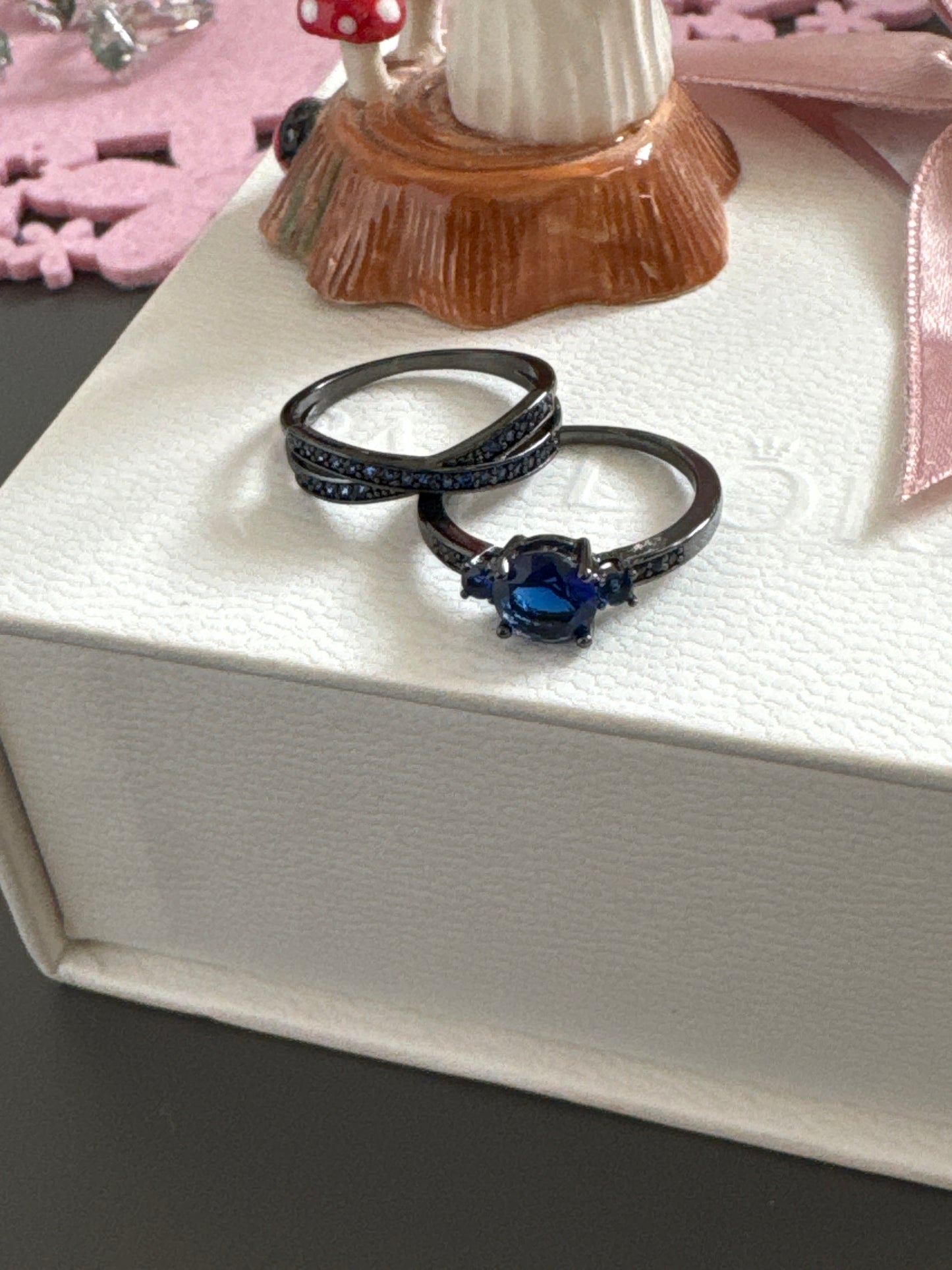 Sterling Silver Oxidised Black - Blue Stone Pave CZ Ring Set Size  54-56