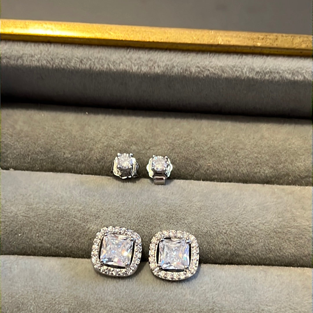 Brand New Sterling Silver Pave Clear Earrings Set CZ Studs