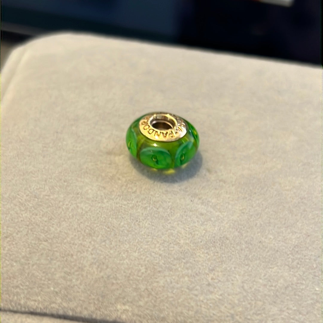Genuine Pandora Solid 14ct Green Dotted Gold Glass Mystic Murano Charm HTF