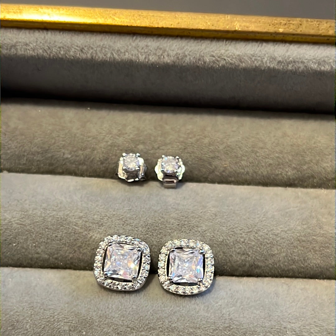 Brand New Sterling Silver Pave Clear Earrings Set CZ Studs