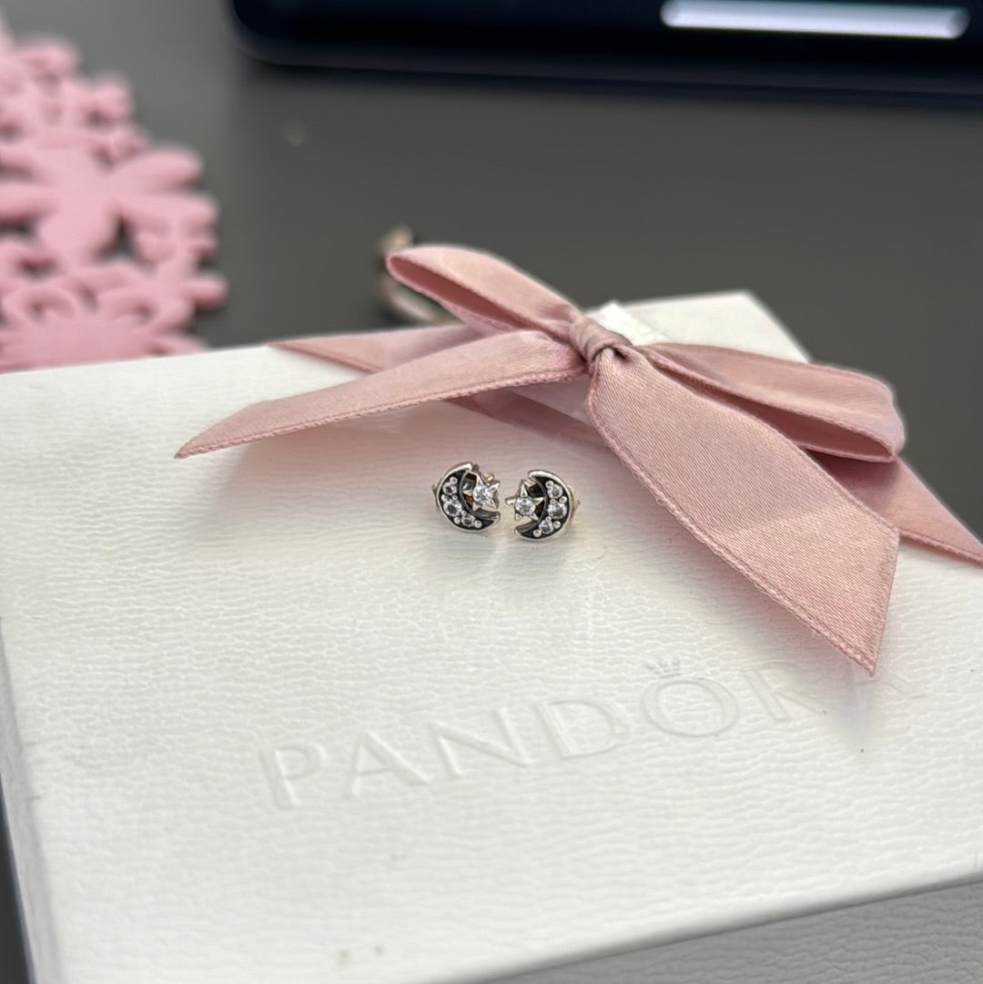 Genuine PandoraSparkling Moon & Star Earrings Studs