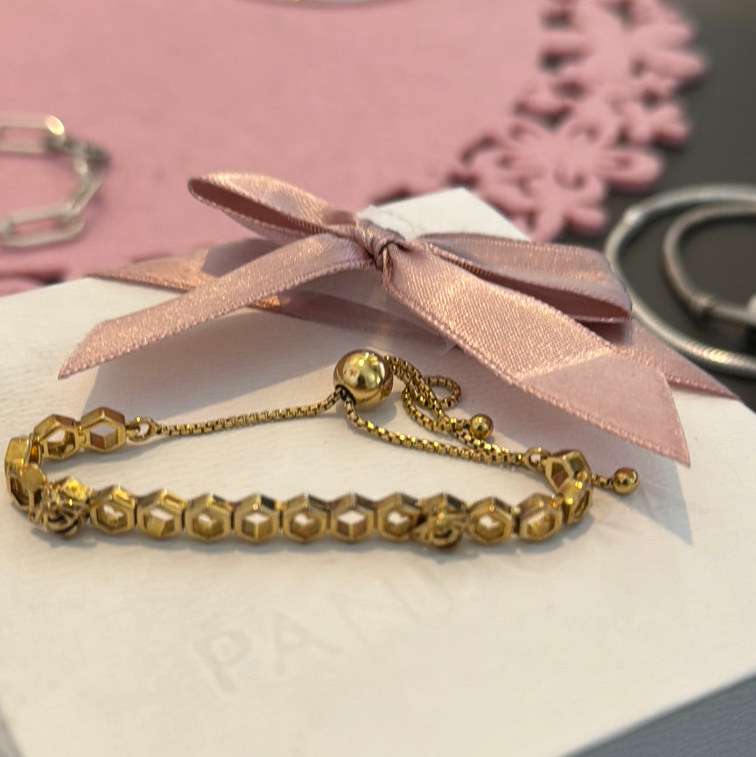 Genuine Pandora Shine Gold Plated Honeycomb Bee Slider Bracelet Adjustable