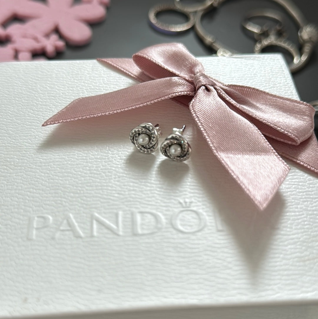 Genuine Pandora Pave Flower Pearl Earrings Studs