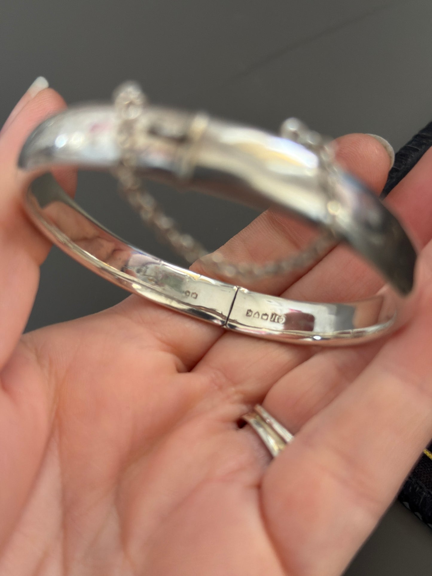 Sterling Silver Antique Hinged Floral Bracelet Bangle With Safety Chain