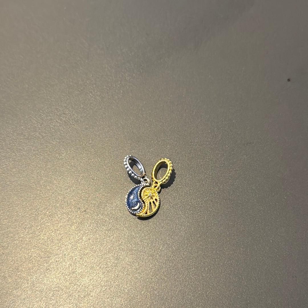 Genuine Pandora Yin and Yang Moon and Star Double Shine Gold Charms With CZ Dangle