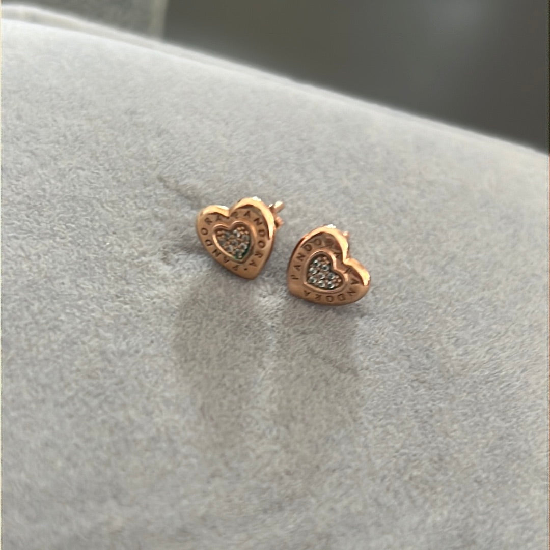 Genuine Pandora Rose Gold Heart Pave Logo Earrings Stud