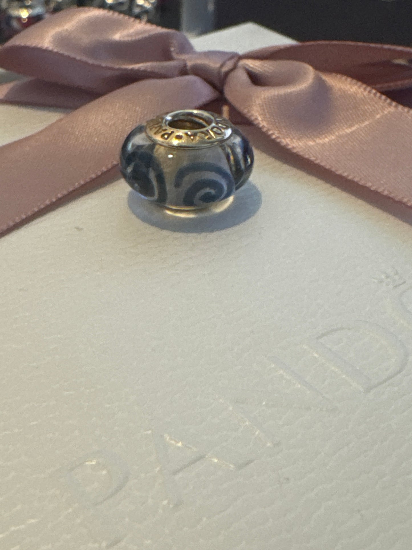 Genuine Pandora Solid 14ct Gold Black Spiral Murano Charm HTF